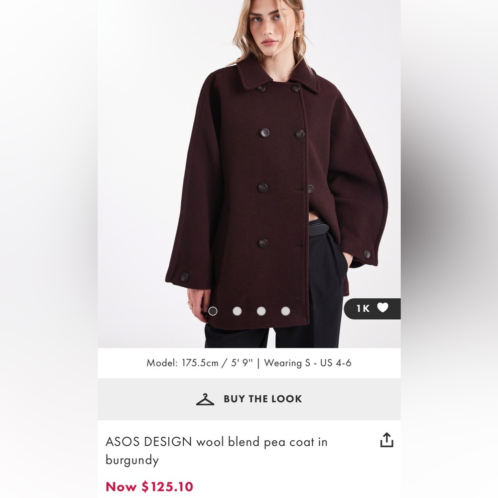 ASOS Oversized Burgundy Wool Blend Pea Coat